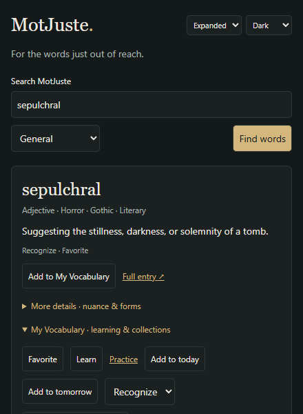 Expanded MotJuste popup showing word details and My Vocabulary learning actions